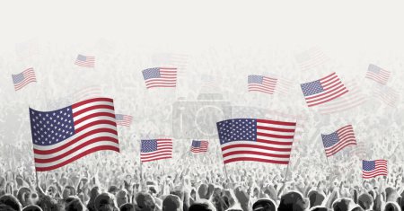 Illustration for Abstract crowd with flag of USA. Peoples protest, revolution, strike and demonstration with flag of USA. - Royalty Free Image
