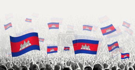 Ilustración de Multitud abstracta con bandera de Camboya. Protesta popular, revolución, huelga y manifestación con bandera de Camboya. - Imagen libre de derechos