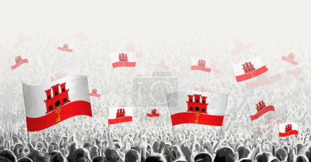 Illustration for Abstract crowd with flag of Gibraltar. Peoples protest, revolution, strike and demonstration with flag of Gibraltar. - Royalty Free Image