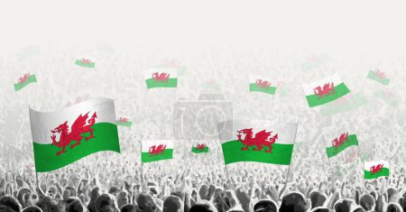 Illustration for Abstract crowd with flag of Wales. Peoples protest, revolution, strike and demonstration with flag of Wales. - Royalty Free Image
