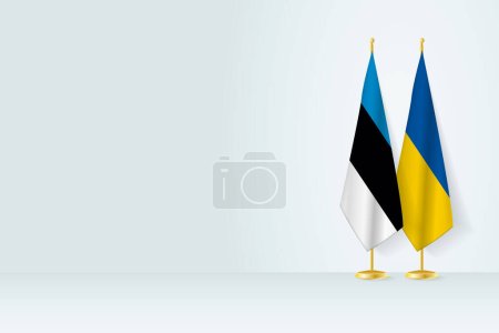 Flags of Estonia and Ukraine on flag stand, meeting between two countries. 