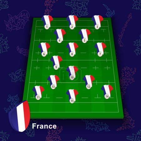 Ilustración de Equipo nacional de rugby de Francia en el campo de rugby. Ilustración de la posición de los jugadores en el campo. - Imagen libre de derechos