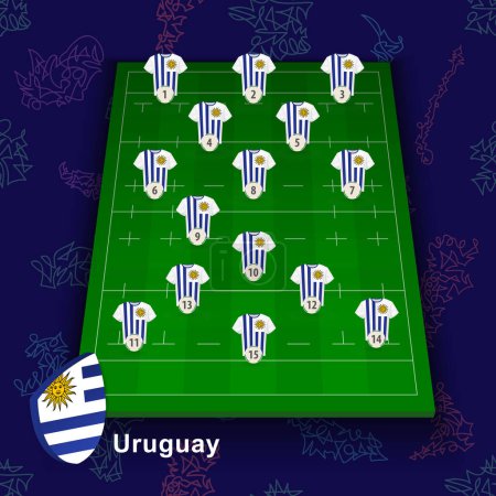 Ilustración de Equipo nacional de rugby de Uruguay en el campo de rugby. Ilustración de la posición de los jugadores en el campo. - Imagen libre de derechos