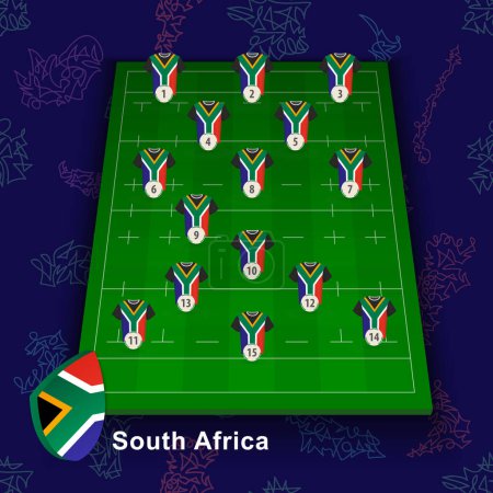 Ilustración de Equipo nacional de rugby de Sudáfrica en el campo de rugby. Ilustración de la posición de los jugadores en el campo. - Imagen libre de derechos