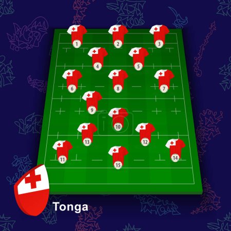 Ilustración de Equipo nacional de rugby de Tonga en el campo de rugby. Ilustración de la posición de los jugadores en el campo. - Imagen libre de derechos