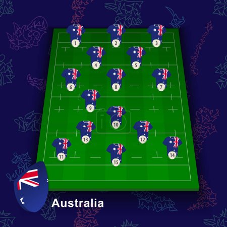 Ilustración de Equipo nacional de rugby de Australia en el campo de rugby. Ilustración de la posición de los jugadores en el campo. - Imagen libre de derechos