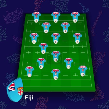 Ilustración de Equipo nacional de rugby de Fiji en el campo de rugby. Ilustración de la posición de los jugadores en el campo. - Imagen libre de derechos