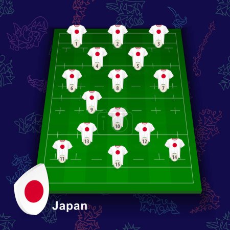 Ilustración de Equipo nacional de rugby de Japón en el campo de rugby. Ilustración de la posición de los jugadores en el campo. - Imagen libre de derechos