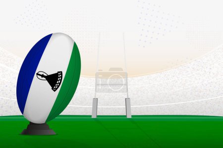 Ilustración de Lesotho bola de rugby de la selección nacional en el estadio de rugby y postes de gol, preparándose para una penalización o tiro libre. - Imagen libre de derechos