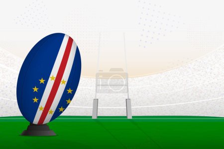 Ilustración de Bola de rugby del equipo nacional de Cabo Verde en el estadio de rugby y los puestos de gol, preparándose para una penalización o tiro libre. - Imagen libre de derechos
