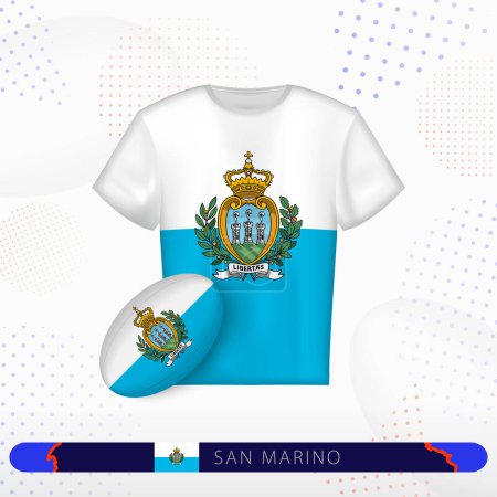 Ilustración de Camiseta de rugby de San Marino con pelota de rugby de San Marino sobre fondo deportivo abstracto. - Imagen libre de derechos