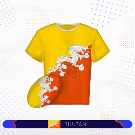 Illustration for Bhutan rugby jersey with rugby ball of Bhutan on abstract sport background. - Royalty Free Image