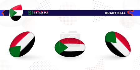 Ilustración de Juego de pelota de rugby con la bandera de Sudán en varios ángulos sobre fondo abstracto. - Imagen libre de derechos