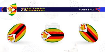 Illustration for Rugby ball set with the flag of Zimbabwe in various angles on abstract background. - Royalty Free Image