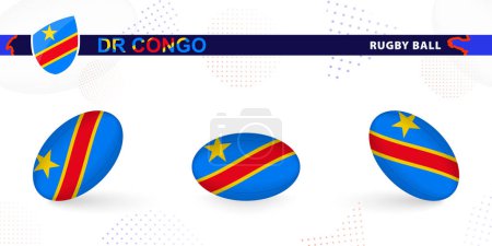 Illustration for Rugby ball set with the flag of DR Congo in various angles on abstract background. - Royalty Free Image
