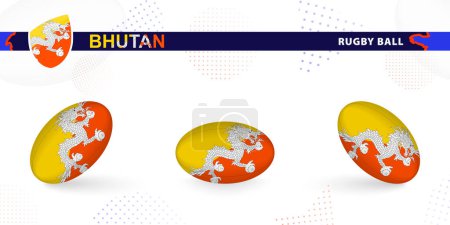 Illustration for Rugby ball set with the flag of Bhutan in various angles on abstract background. - Royalty Free Image
