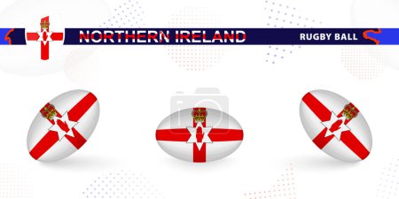 Illustration for Rugby ball set with the flag of Northern Ireland in various angles on abstract background. - Royalty Free Image