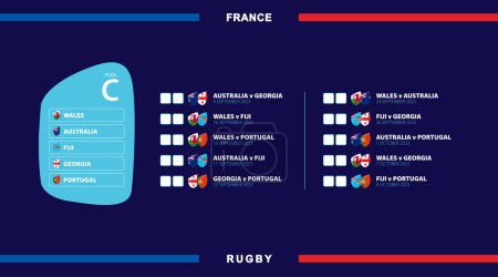 All rugby matches in pool C, flags of participants in international rugby competition in France. Vector illustration.