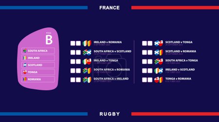 Alle Rugbyspiele in Pool B, Flaggen der Teilnehmer am internationalen Rugbywettbewerb in Frankreich. Vektorillustration.