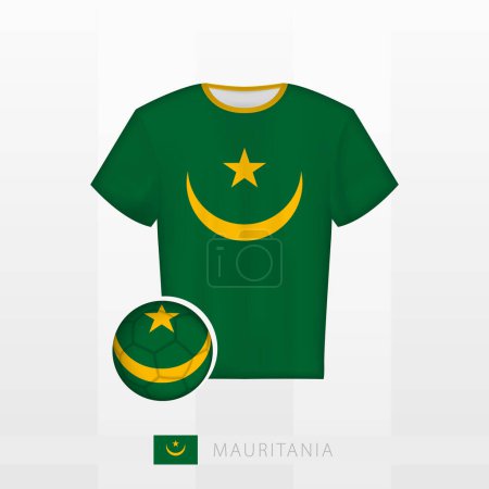 Téléchargez les illustrations : Uniforme de football de l'équipe nationale de Mauritanie avec ballon de football avec drapeau de Mauritanie. Maillot de football et ballon de football avec drapeau. - en licence libre de droit
