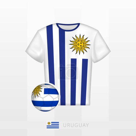 Ilustración de Uniforme de fútbol de la selección nacional de Uruguay con balón de fútbol con bandera de Uruguay. Jersey de fútbol y balón de fútbol con bandera. - Imagen libre de derechos