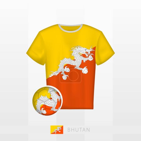 Illustration for Football uniform of national team of Bhutan with football ball with flag of Bhutan. Soccer jersey and soccerball with flag. - Royalty Free Image