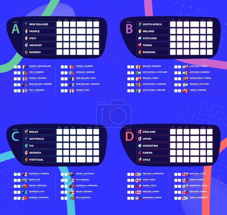 Illustration for Pool matches schedule with national flags of participants rugby tournament 2023. Vector illustration. - Royalty Free Image