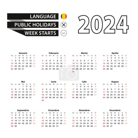 Téléchargez les illustrations : 2024 calendrier en langue roumaine, semaine commence à partir de Dimanche. - en licence libre de droit