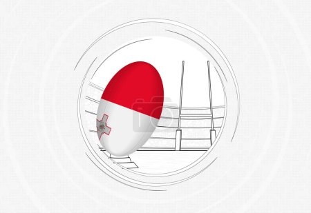 Téléchargez les illustrations : Drapeau de Malte sur balle de rugby, icône de rugby en cercle bordée avec balle dans un stade bondé. - en licence libre de droit