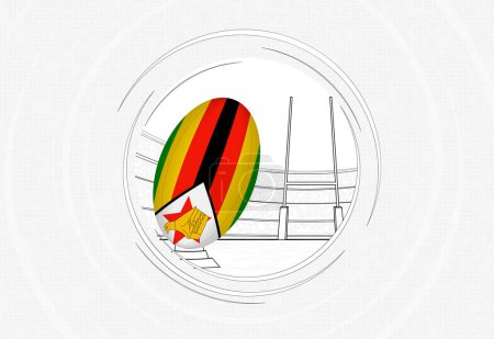Illustration for Zimbabwe flag on rugby ball, lined circle rugby icon with ball in a crowded stadium. - Royalty Free Image