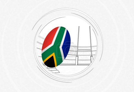 Illustration for South Africa flag on rugby ball, lined circle rugby icon with ball in a crowded stadium. - Royalty Free Image