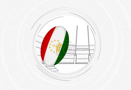 Téléchargez les illustrations : Drapeau du Tadjikistan sur balle de rugby, icône de rugby en cercle bordée avec balle dans un stade bondé. - en licence libre de droit