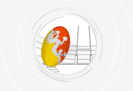 Illustration for Bhutan flag on rugby ball, lined circle rugby icon with ball in a crowded stadium. - Royalty Free Image