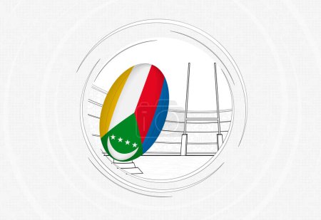 Téléchargez les illustrations : Drapeau des Comores sur balle de rugby, icône de rugby en cercle bordée avec balle dans un stade bondé. - en licence libre de droit