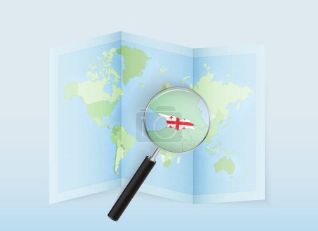 Illustration for A folded world map with a magnifying lens pointing towards Georgia. Map and flag of Italy in loupe. - Royalty Free Image