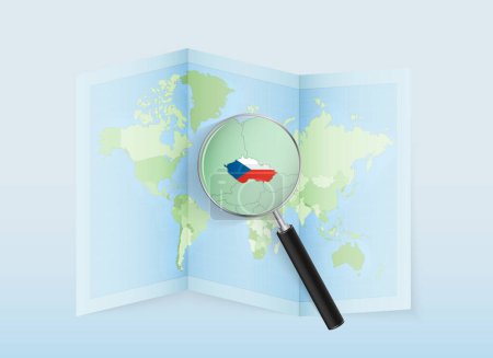 A folded world map with a magnifying lens pointing towards Czech Republic. Map and flag of Italy in loupe.
