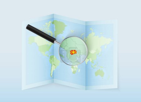 Téléchargez les illustrations : Une carte du monde pliée avec une loupe pointant vers la Macédoine du Nord. Carte et drapeau de l'Italie en loupe. - en licence libre de droit