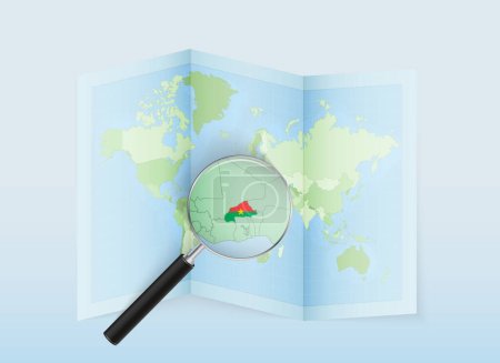 Téléchargez les illustrations : Une carte du monde pliée avec une loupe pointant vers le Burkina Faso. Carte et drapeau de l'Italie en loupe. - en licence libre de droit