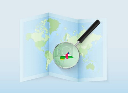 Ilustración de Un mapa del mundo plegado con una lupa apuntando hacia la República Centroafricana. Mapa y bandera de Italia en loupe. - Imagen libre de derechos