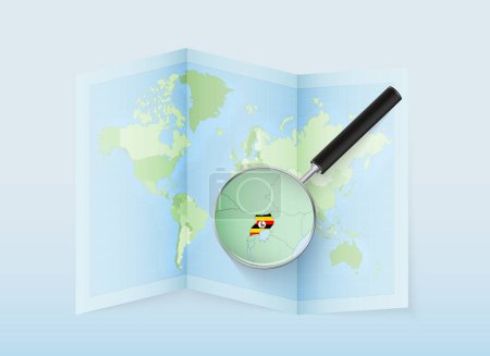 Téléchargez les illustrations : Une carte du monde pliée avec une loupe pointant vers l'Ouganda. Carte et drapeau de l'Italie en loupe. - en licence libre de droit
