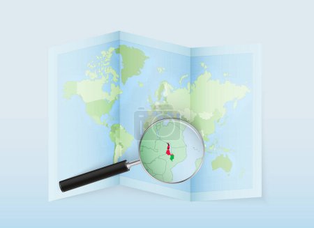 Téléchargez les illustrations : Une carte du monde pliée avec une loupe pointant vers le Malawi. Carte et drapeau de l'Italie en loupe. - en licence libre de droit