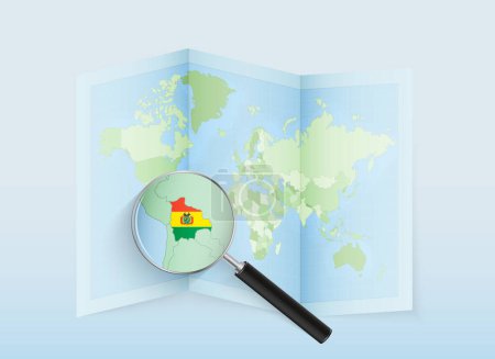 Téléchargez les illustrations : Une carte du monde pliée avec une loupe pointant vers la Bolivie. Carte et drapeau de l'Italie en loupe. - en licence libre de droit
