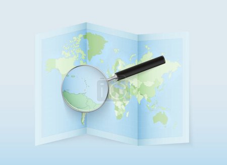 Illustration for A folded world map with a magnifying lens pointing towards Grenada. Map and flag of Italy in loupe. - Royalty Free Image