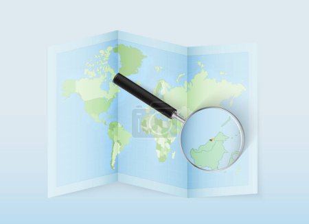 Ilustración de Un mapa del mundo plegado con una lupa apuntando hacia Brunei. Mapa y bandera de Italia en loupe. - Imagen libre de derechos