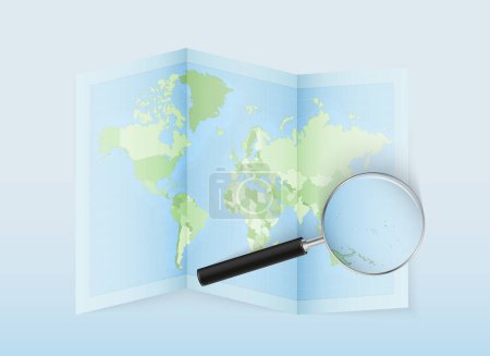 Illustration for A folded world map with a magnifying lens pointing towards Marshall Islands. Map and flag of Italy in loupe. - Royalty Free Image