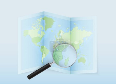 Téléchargez les illustrations : Une carte du monde pliée avec une loupe pointant vers les Comores. Carte et drapeau de l'Italie en loupe. - en licence libre de droit