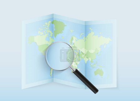 Illustration for A folded world map with a magnifying lens pointing towards Cape Verde. Map and flag of Italy in loupe. - Royalty Free Image