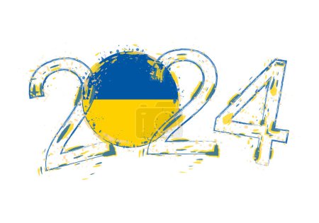 2024 Year in grunge style with flag of Ukraine.