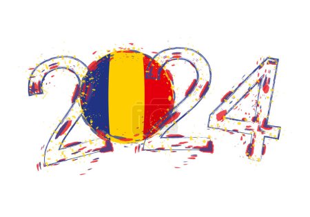 Ilustración de 2024 Año en estilo grunge con la bandera de Romania. - Imagen libre de derechos