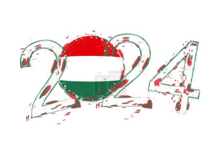 Ilustración de 2024 Año en estilo grunge con bandera de Hungría. - Imagen libre de derechos